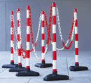 Red/White Chain Post Kit with Concrete Base - 6 Posts, 10m Chain, 10 Hooks & Links - Durable Safety Barrier for Construction, Warehouses & Events
