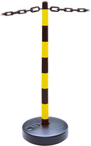 Yellow/Black Chain Post with Fillable Round Base for Outdoor, Industrial, and Event Use – Stable, Versatile Barrier Post for Safety and Crowd Control