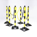 Yellow/Black Chain Post Kit – 6 Posts, 10m M-POLY Chain, 10 Hooks & Links, Recycled Rubber Base, High Visibility for Indoor/Outdoor Use, Barrier System