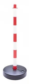 Red/White Traffic Control Chain Post with Fillable Round Base, Plastic, Stable & Easy to Deploy, Ideal for Warehouses, Events, and Safety Applications