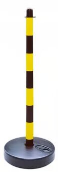 Yellow/Black Chain Post with Fillable Round Base for Outdoor, Industrial, and Event Use – Stable, Versatile Barrier Post for Safety and Crowd Control