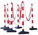 Red/White Chain Post Kit with Concrete Base - 6 Posts, 10m Chain, 10 Hooks & Links - Durable Safety Barrier for Construction, Warehouses & Events