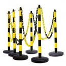 Yellow/Black Chain Post Kit – 6 Posts, 10m Chain, 10 Hooks, Fillable Bases for Crowd Control, Parking, Warehouse & Outdoor Barriers