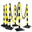 Yellow/Black Chain Post Kit – 6 Posts, 10m M-POLY Chain, 10 Hooks & Links, Recycled Rubber Base, High Visibility for Indoor/Outdoor Use, Barrier System