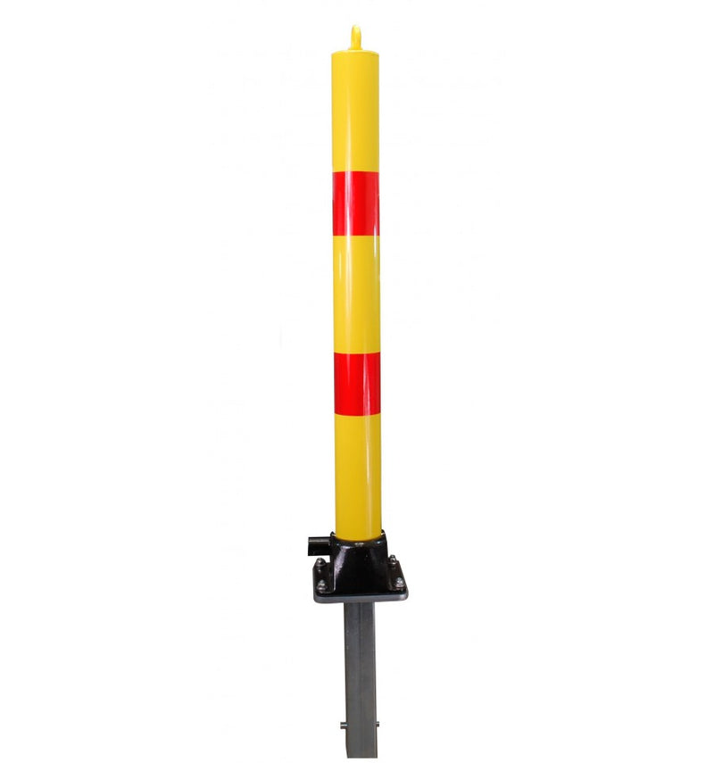 Goldenrod Yellow & Red Fold Down Parking Post With Integral Lock & Top Mounted Eyelet