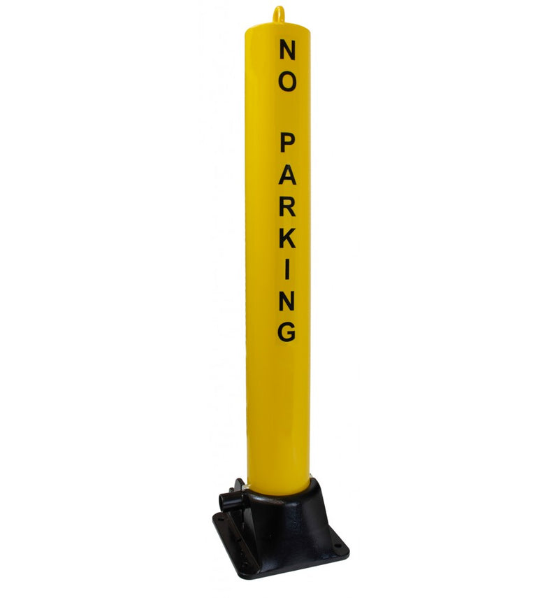 Goldenrod Large Fold Down Steel Security Post - Integral Lock, Eyelet & No Parking Logo