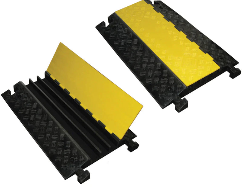 Vigil 3 Channel External Cable Protector Ramp for Pedestrians & Vehicles, Heavy Duty, Non-Slip Chequer Plate, High Visibility Yellow Lid, 900 x 500 x 75mm