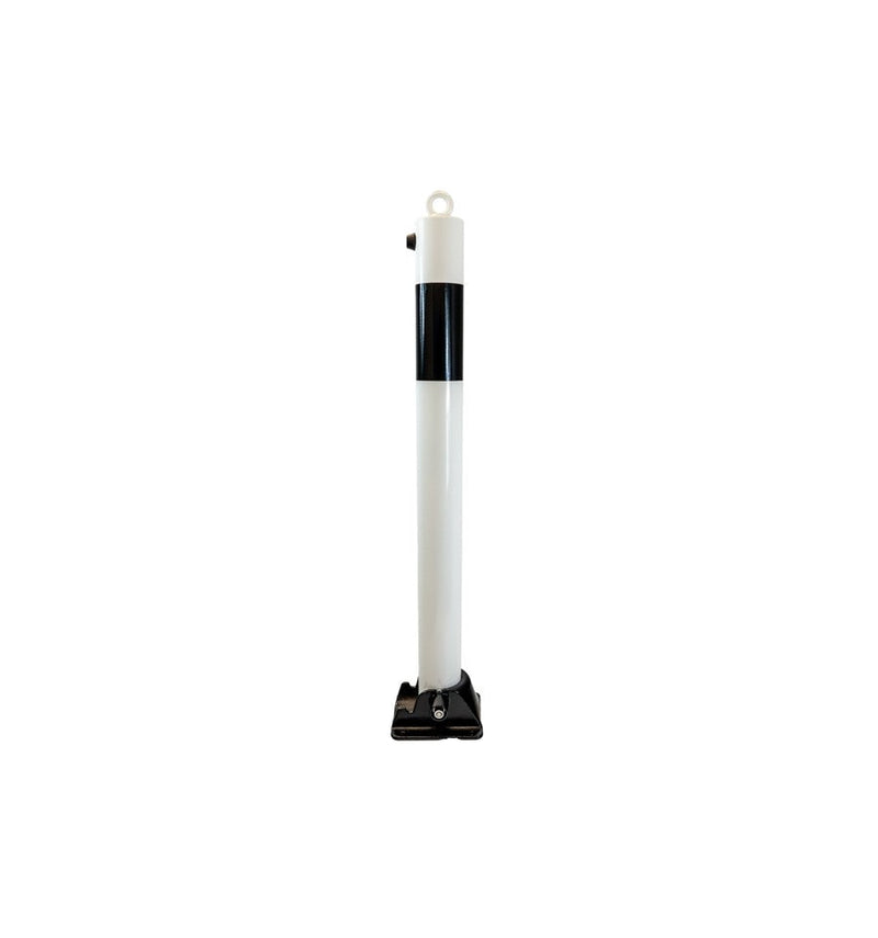 White & Black Fold Down Parking Post With Integral Lock And Chain Eyelet