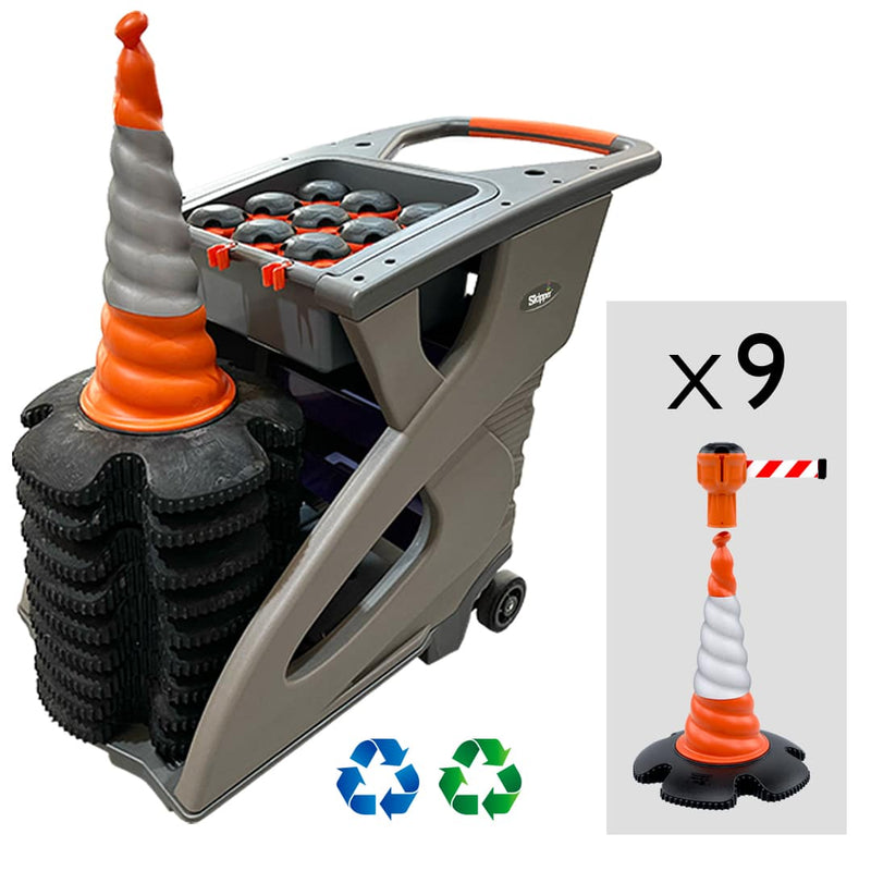 Retractable Barrier System | Skipper Traffic Cone Unicart – Includes 9 x Skipper cones, 9 x Skipper units & 1 x Accessory Pack