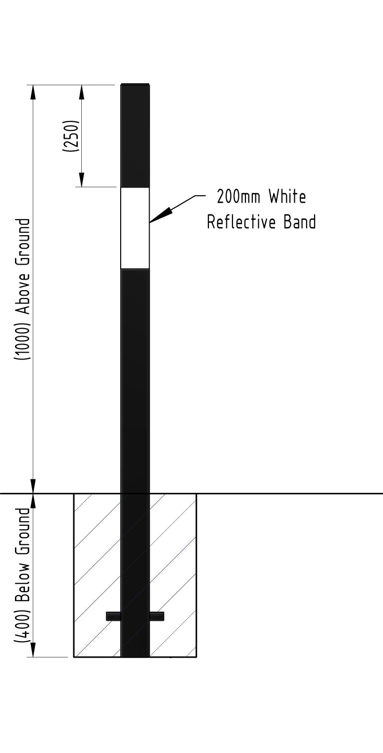 50-150mm Square Fixed Bollard 1000mm Above Ground - Galvanised and Black & White - Concrete In