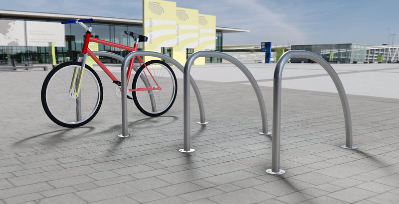 Fin Cycle Stand - Secure 2-Bike Hooped Design, Galvanized Steel, 48mm Dia, 750mm x 1020mm, Flanged or Ragged for Concrete Mounting, Outdoor Bike Rack