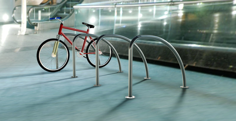 Fin Cycle Stand - Secure 2-Bike Hooped Design, Galvanized Steel, 48mm Dia, 750mm x 1020mm, Flanged or Ragged for Concrete Mounting, Outdoor Bike Rack