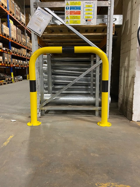 Heavy Duty Safety Hooped Perimeter Barrier 76mm Dia, Yellow & Black, Galvanized Steel, 500mm/1000mm Height, 1-2m Width, Warehouse Protection