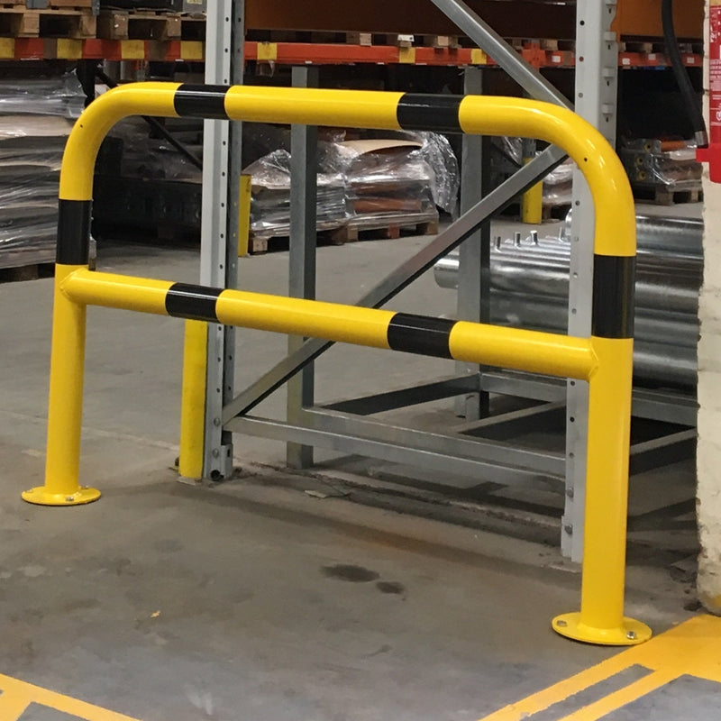 Heavy Duty Safety Hooped Perimeter Barrier 76mm Dia, Yellow & Black, Galvanized Steel, 500mm/1000mm Height, 1-2m Width, Warehouse Protection